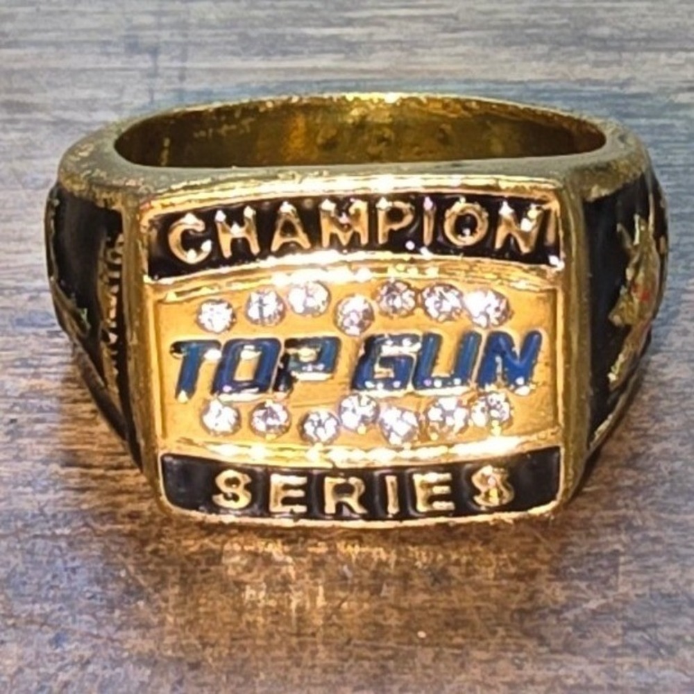 Top Gun Series Champion Ring Gold Tone Rhinestone Sports Trophy Style Size 13